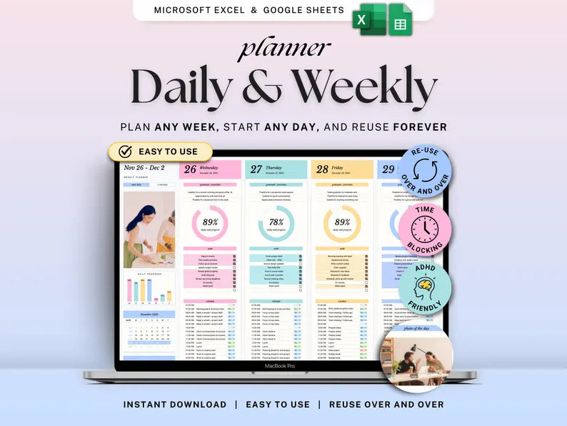 Weekly & Daily Digital Planner for Google Sheets & Excel - ADHD Friendly Time Blocking Productivity Template
